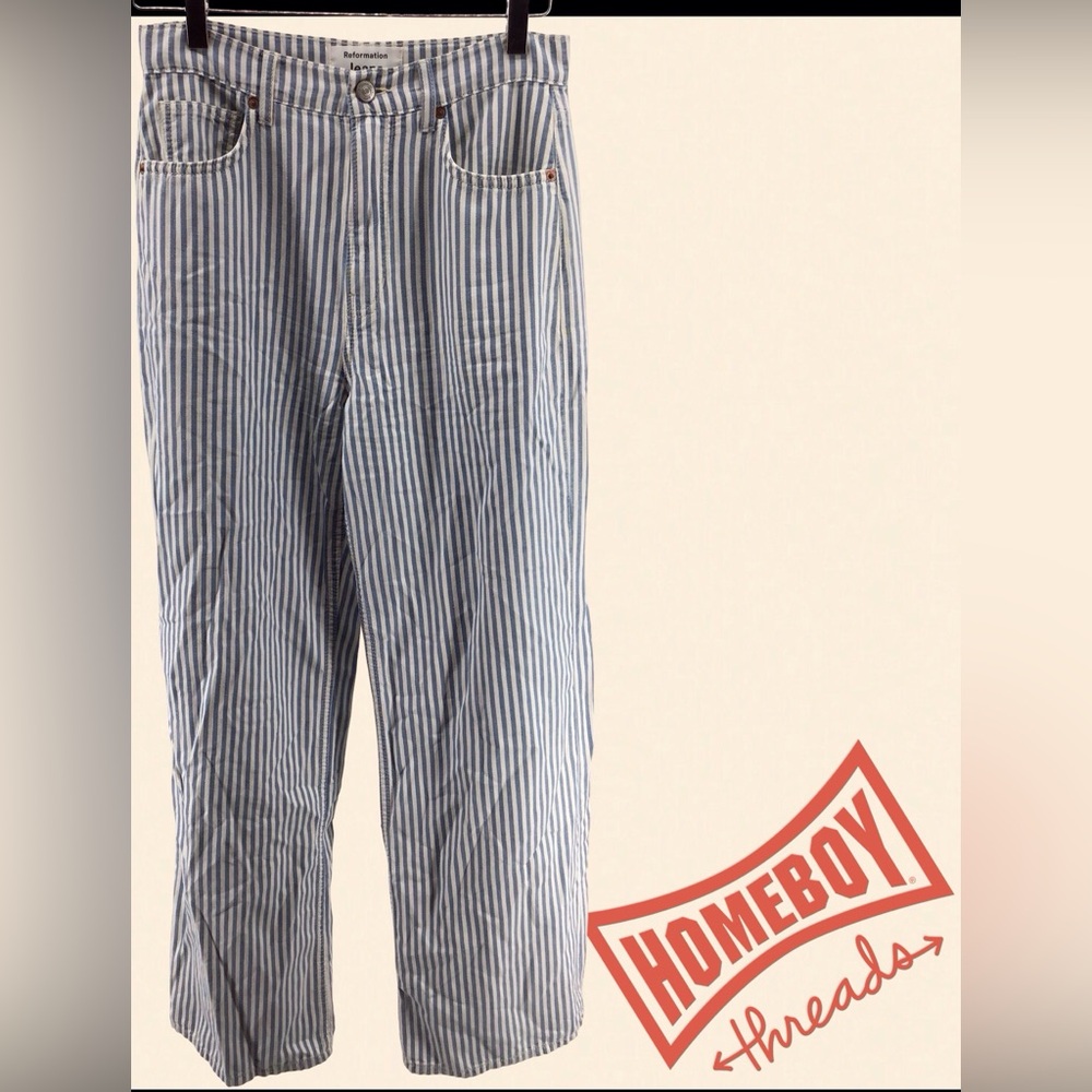 Reformation Blue & White Striped Ankle Crop Pants